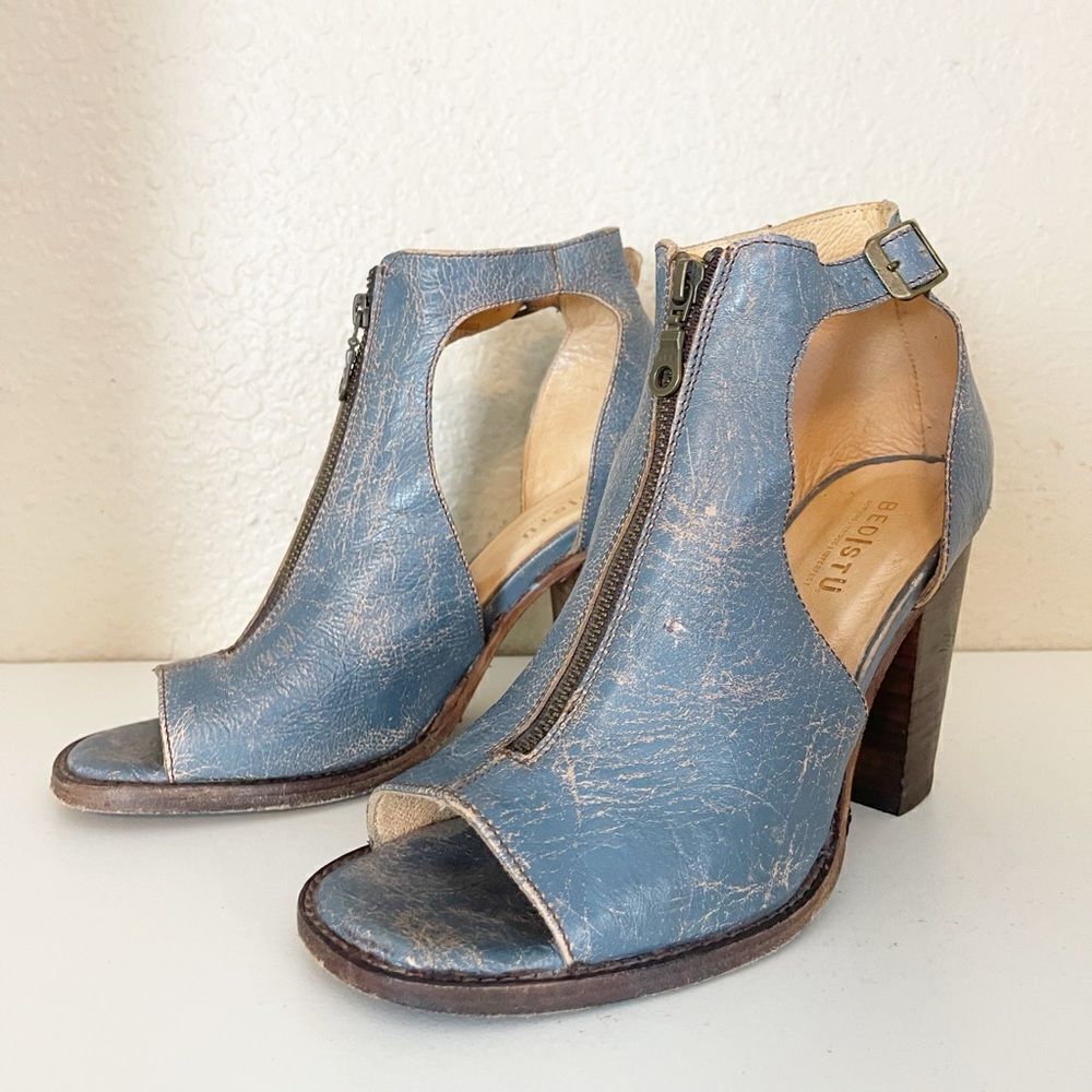 BedStu Olena zip front blue rustic leather peep toes heels 10